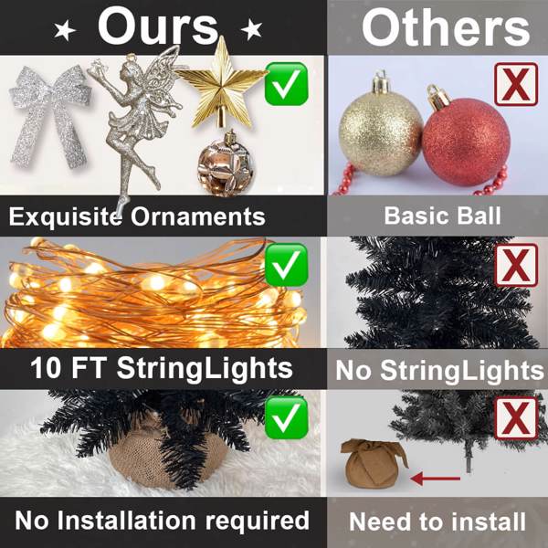 60cm黑色圣诞树带LED灯  人造迷你桌面圣诞装饰  精美饰品适用于家庭公寓办公室  -3