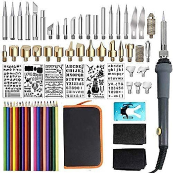 77个木材燃烧套件与烙铁，模板雕刻铁头DIY 创造性的工具集焊锡烧木笔可调温度压印雕刻提示