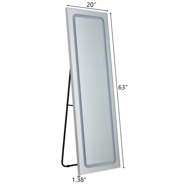  白色 铝合金 直角长方形 63*20in 可站立 可悬挂 全身镜 三色调光 调节亮度 断电记忆 N001-17
