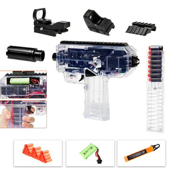 [亚马逊爆款]ASXCFE适用于Nerf Guns飞镖的玩具枪，自动连发快速射击玩具枪，24发子弹，带可拆卸弹匣，非常适合儿童礼物 透明UZI-2