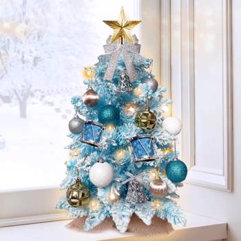 60cm植绒圣诞树带LED灯  人造迷你桌面圣诞装饰  精美饰品适用于家庭公寓办公室  蓝色