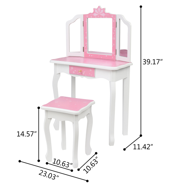  粉色 雪花 密度板喷漆 三折镜 单抽 梳妆桌套装 儿童 N201-32