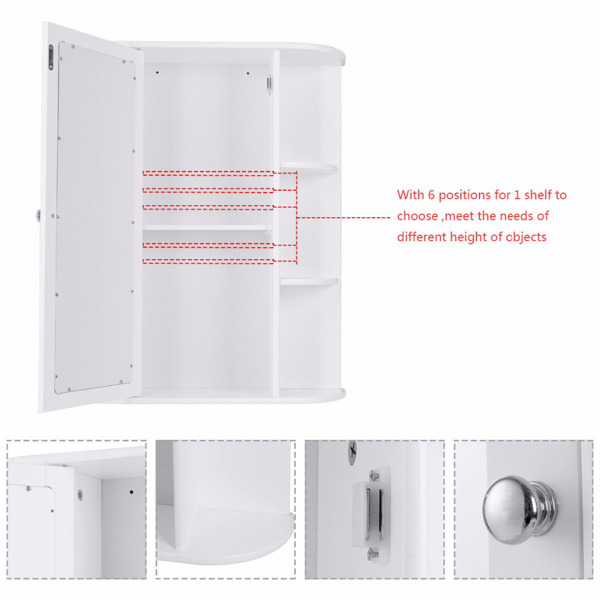 浴室柜壁挂式多功能挂柜厨房药品收纳柜带镜子单门和2个可调节架子(白色)-21