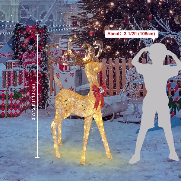 红色蝴蝶结圣诞驯鹿，3.6英尺150个LED发光驯鹿户外圣诞装饰庭院花园-23