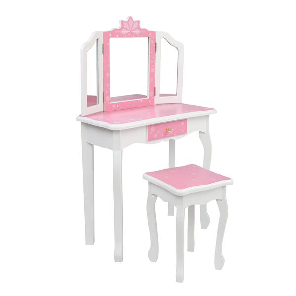  粉色 雪花 密度板喷漆 三折镜 单抽 梳妆桌套装 儿童 N201-7