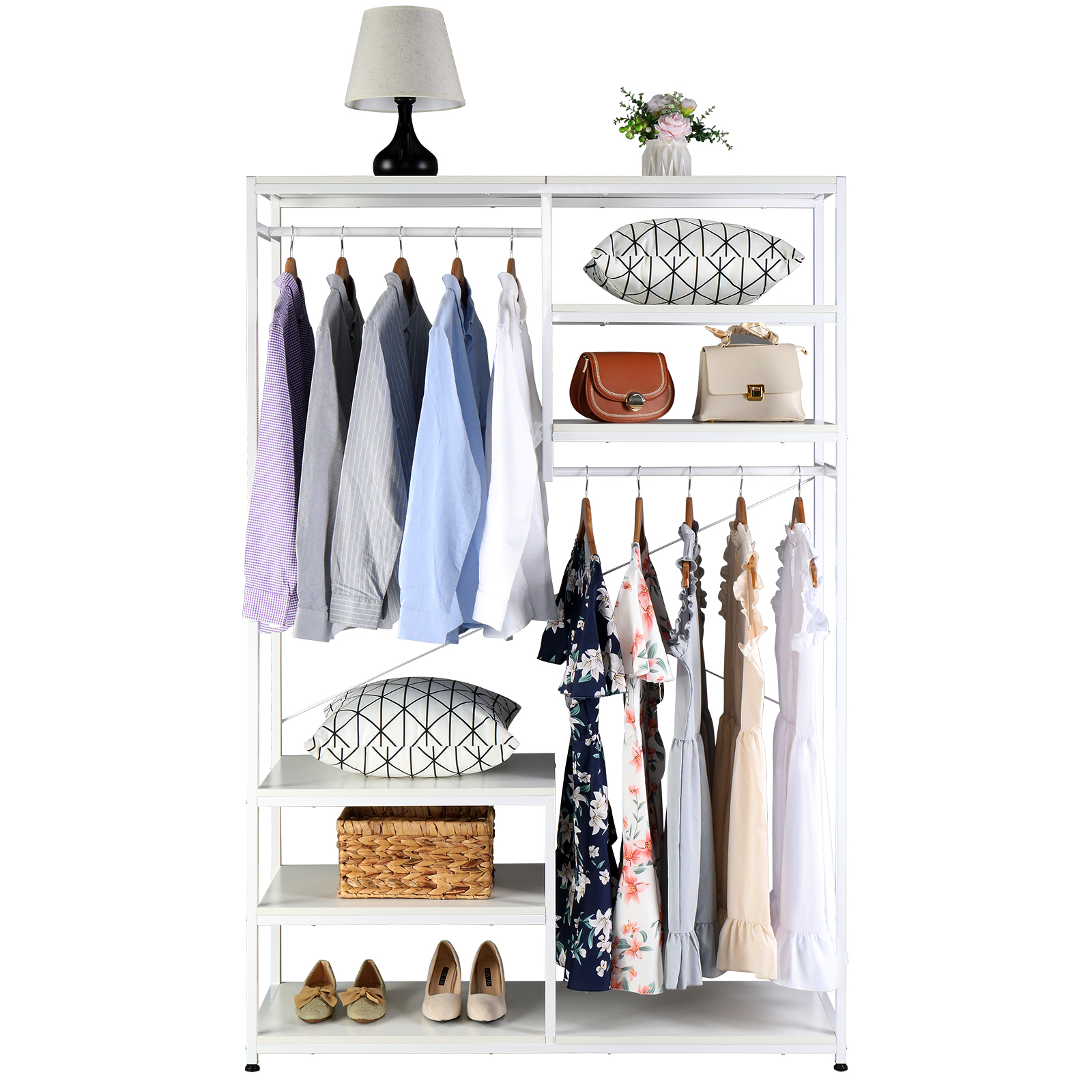 Stand Alone Wardrobe Organizer, Double Suspender Wardrobe Hanger And Multiple Storage Racks, Heavy Metal Wardrobe Storage Hanger For Bedroom - White