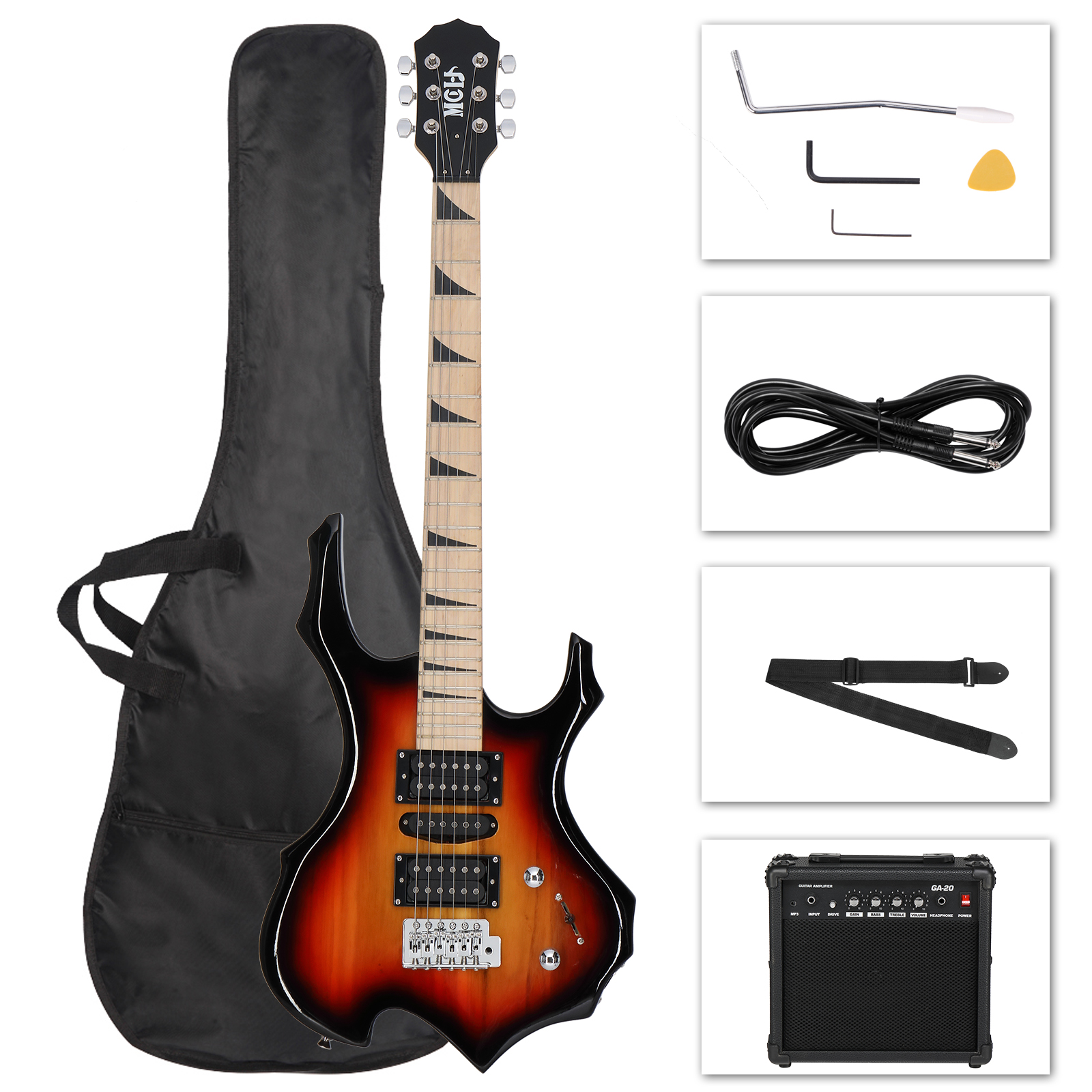 MCH Kit de Guitare électrique en forme de flamme touche en érable, Shaker simple, micro double-simple-double, Couleur du coucher du soleil