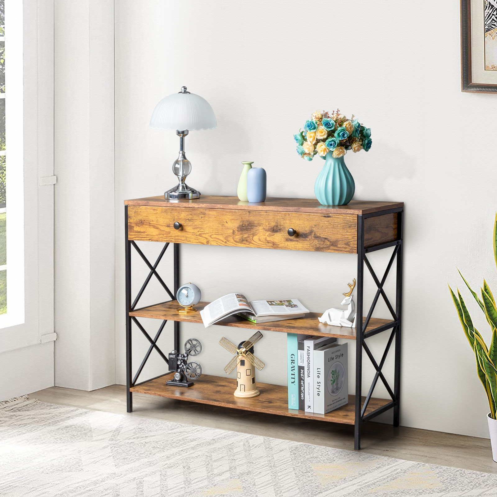 3 Tier Console Table for Entryway with Drawer and 2 Open Storage, Industrial Sofa Table with Storage for Living Room, Narrow Console Table with X Design, Sturdy and Durable