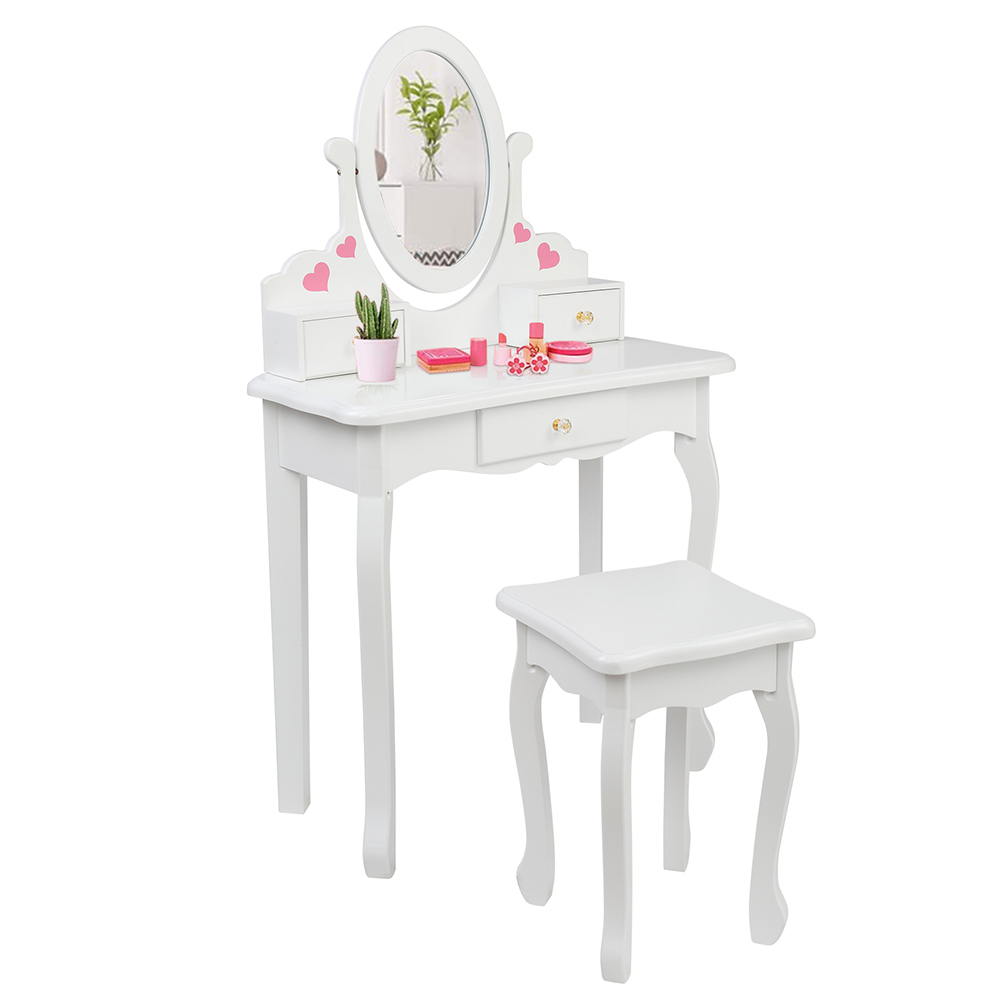 Children's Wooden Dressing Table Reversible Round Mirror Dressing Table Chair Three Drawers White Love Style