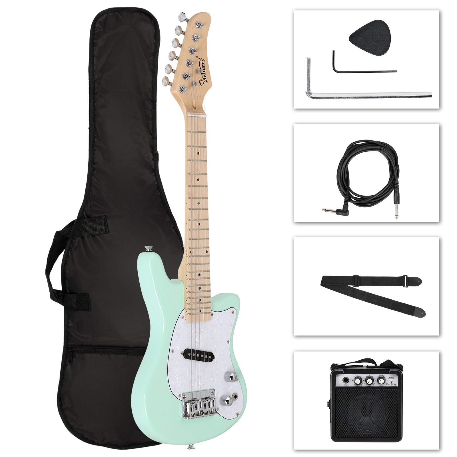 【Do Not Sell on Amazon】Glarry 30in Maple Fingerboard Mini Electric Guitar Kit with 5W Amplifier Bag String Shoulder Strap Plectrum Cord Wrench Tool Light Green