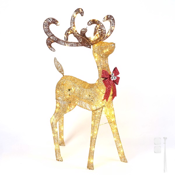 红色蝴蝶结圣诞驯鹿，3.6英尺150个LED发光驯鹿户外圣诞装饰庭院花园-4