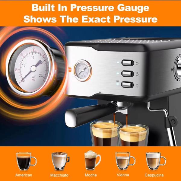 Geek Chef Coffee Espresso Machine Machine, 20 Bar Pump Pressure Espresso and Cappuccino latte Maker with Milk Frother Steam Wand, 1.45L Water Tank, for Home Barista, 950W, Stainless steel-14