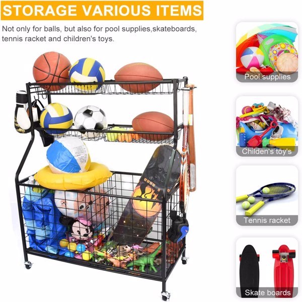 运动器材收纳盒，带篮子和挂钩的运动装备篮球存储，球存储架，车库球存储，运动装备存储，滚动运动球存储车，黑色-10