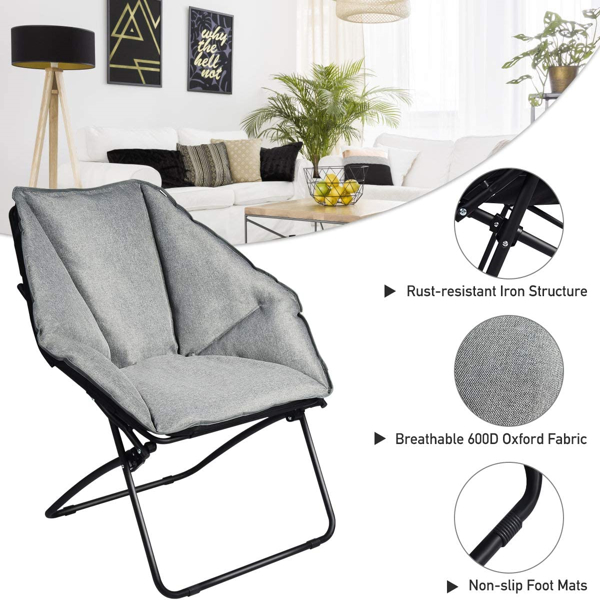 成人超大折叠茶托椅;卧室、客厅用柔软、厚实的丝绒圆月圆椅;灰色-2