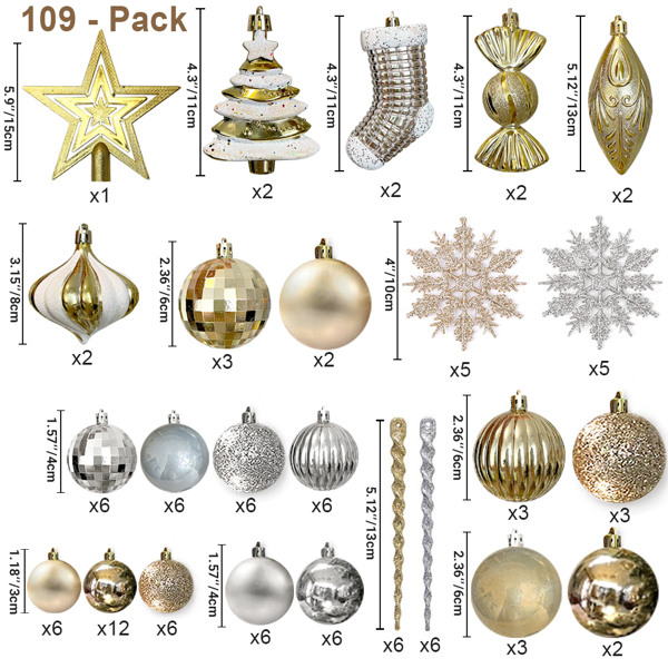 109件高端圣诞饰品套装 金色圣诞球装饰品挂件 -12
