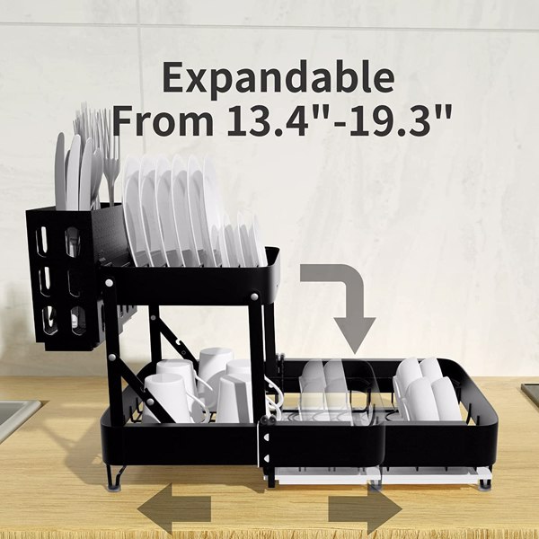 用于厨房柜台的餐具干燥架，用于厨房柜台的 2 层洗碗机可扩展（13.1 英寸至 19.2 英寸）带干燥板，用于杯子、餐具和砧板的水槽干燥架，黑色【FBA发货】-4