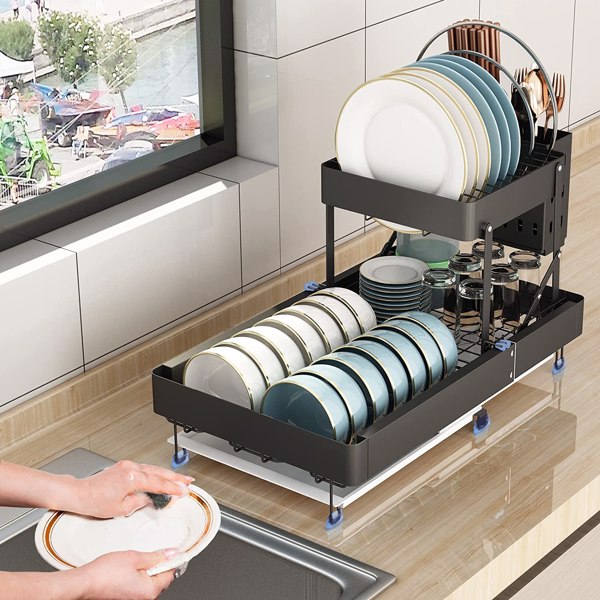 用于厨房柜台的餐具干燥架，用于厨房柜台的 2 层洗碗机可扩展（13.1 英寸至 19.2 英寸）带干燥板，用于杯子、餐具和砧板的水槽干燥架，黑色【FBA发货】-2