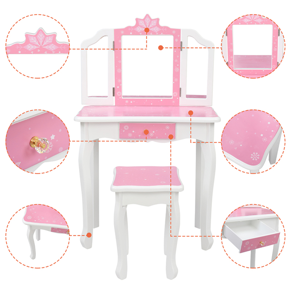  粉色 雪花 密度板喷漆 三折镜 单抽 梳妆桌套装 儿童 N201-36