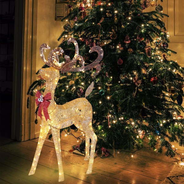 红色蝴蝶结圣诞驯鹿，3.6英尺150个LED发光驯鹿户外圣诞装饰庭院花园-3
