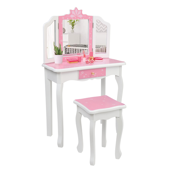  粉色 雪花 密度板喷漆 三折镜 单抽 梳妆桌套装 儿童 N201-19