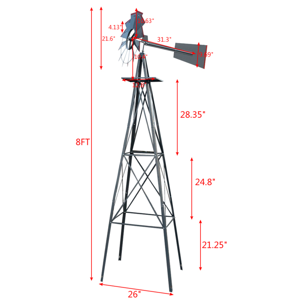  8ft 灰加红 带风向标 4脚站立 风车 可旋转 风车 铁-9