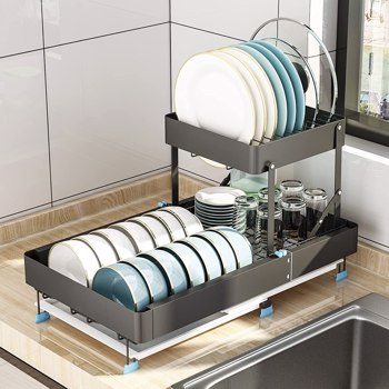 用于厨房柜台的餐具干燥架，用于厨房柜台的 2 层洗碗机可扩展（13.1 英寸至 19.2 英寸）带干燥板，用于杯子、餐具和砧板的水槽干燥架，黑色【FBA发货】