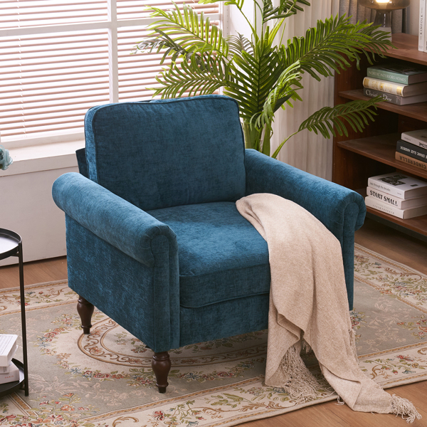 实木葫芦脚 弯扶手 室内单人沙发 蓝绿色 美式-31