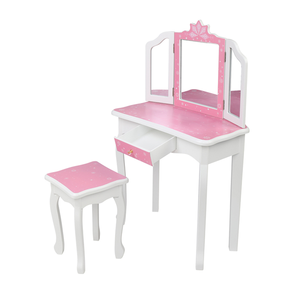  粉色 雪花 密度板喷漆 三折镜 单抽 梳妆桌套装 儿童 N201-10