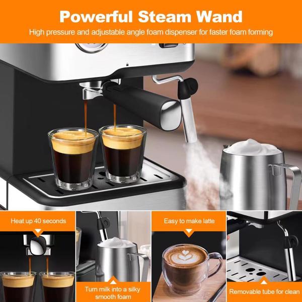 Geek Chef Coffee Espresso Machine Machine, 20 Bar Pump Pressure Espresso and Cappuccino latte Maker with Milk Frother Steam Wand, 1.45L Water Tank, for Home Barista, 950W, Stainless steel-16