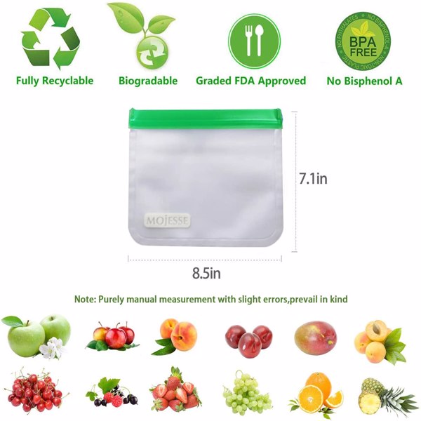 8件装可重复使用的食品收纳袋子三明治袋子 - 防漏冷冻食品收纳袋 BPA  - 超厚耐用可重复使用的储物袋 - 可重复使用的零食袋，用于食品水果旅行用品收纳-10
