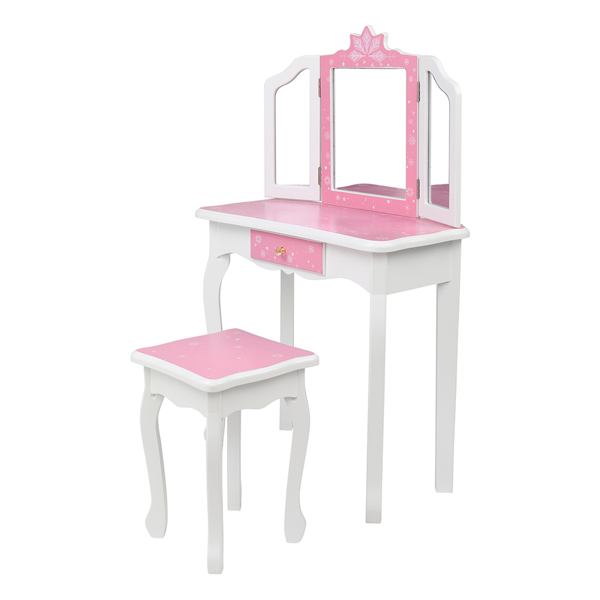  粉色 雪花 密度板喷漆 三折镜 单抽 梳妆桌套装 儿童 N201-9