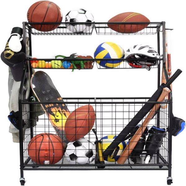 运动器材收纳盒，带篮子和挂钩的运动装备篮球存储，球存储架，车库球存储，运动装备存储，滚动运动球存储车，黑色-1