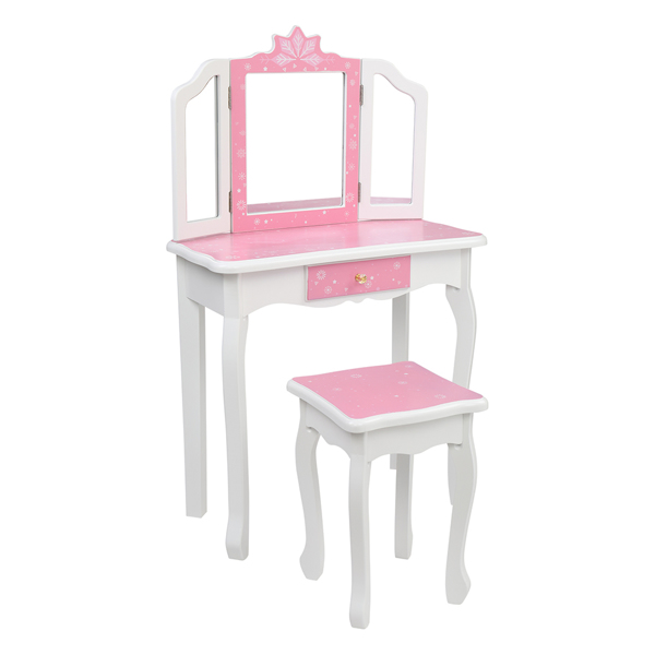  粉色 雪花 密度板喷漆 三折镜 单抽 梳妆桌套装 儿童 N201-6