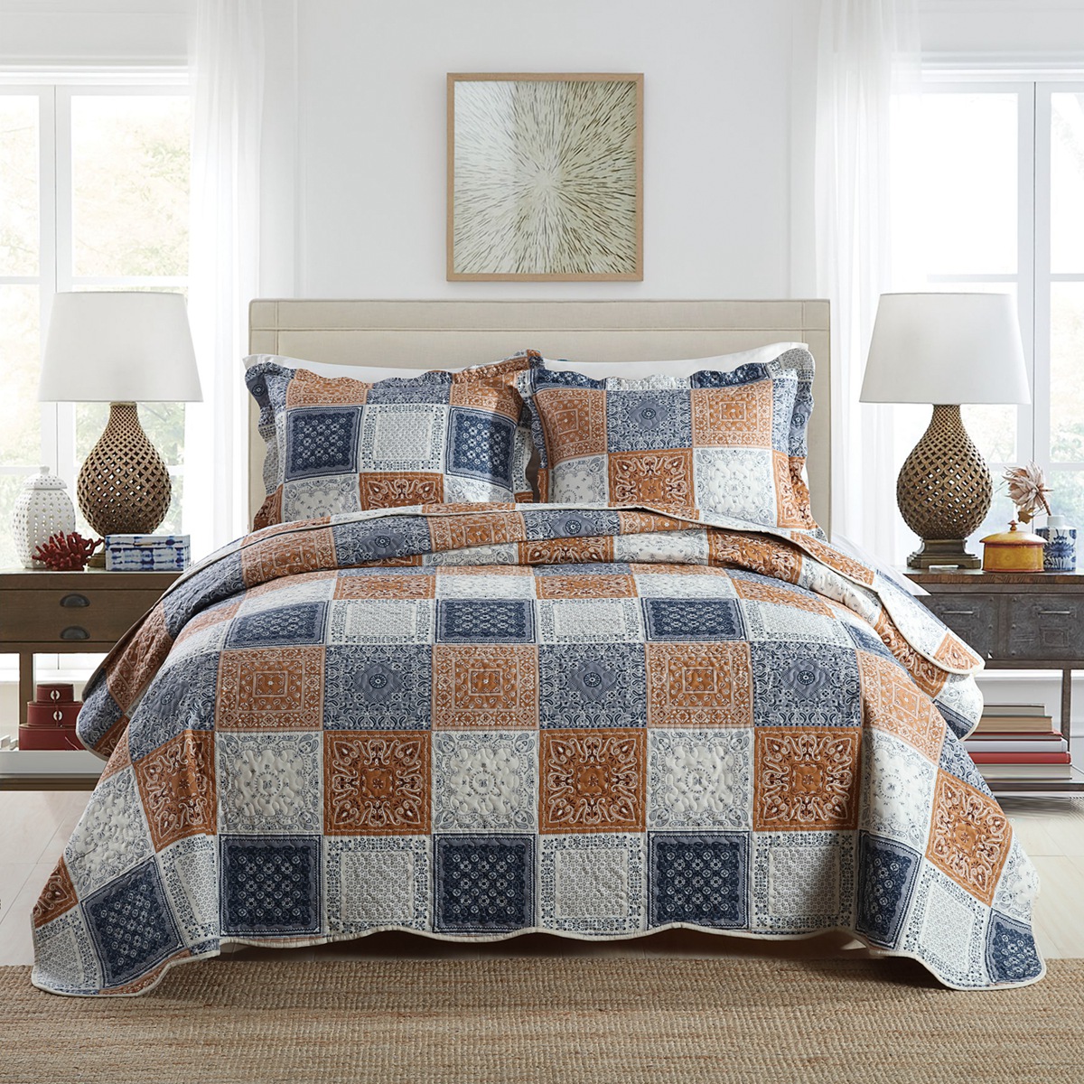 Queen Size 3-Piece Microfiber Polyester Reversible Brown Grey and Blue Patchwork Quilt with Shams, Lightweight Bedspreads Coverlet for Queen Beds, 90x98 Inch