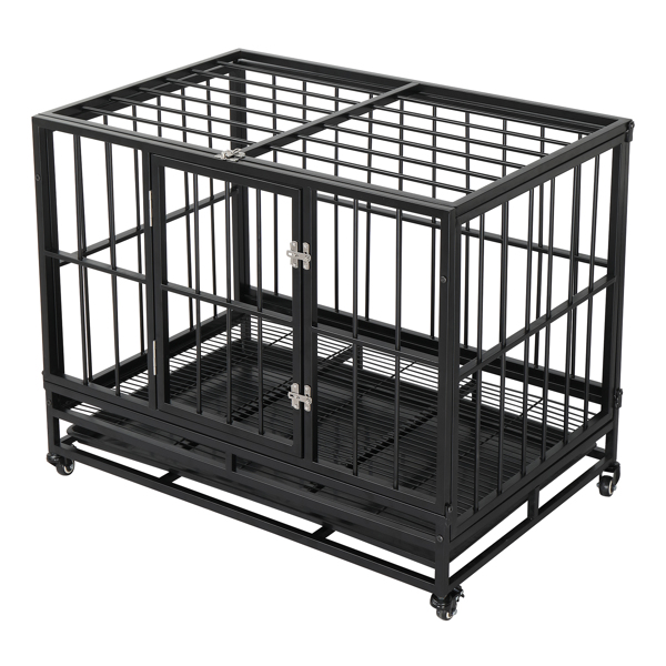  黑色 铁质 36in 方管 猫狗笼 可折叠 带托盘和滚轮 N001-6