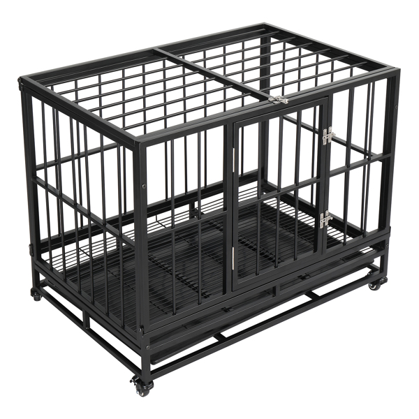  黑色 铁质 36in 方管 猫狗笼 可折叠 带托盘和滚轮 N001-19
