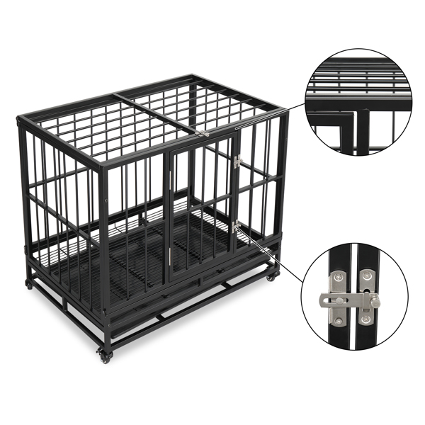  黑色 铁质 36in 方管 猫狗笼 可折叠 带托盘和滚轮 N001-15