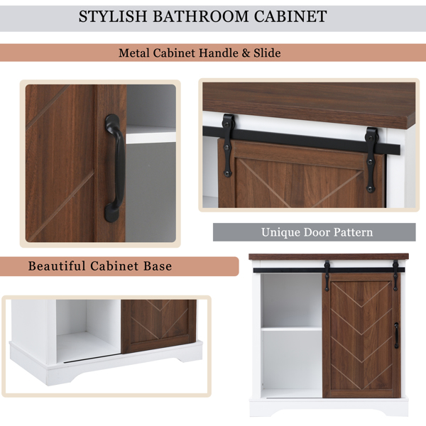 浴室储物柜，独立式特色柜，滑动谷仓门，厚顶，可调搁板，白色和棕色-11