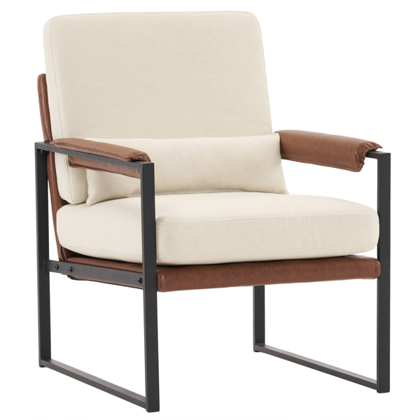  单人铁架椅 软包米白 扶手座框棕色蜂窝皮 室内休闲椅 68*81*88cm-73