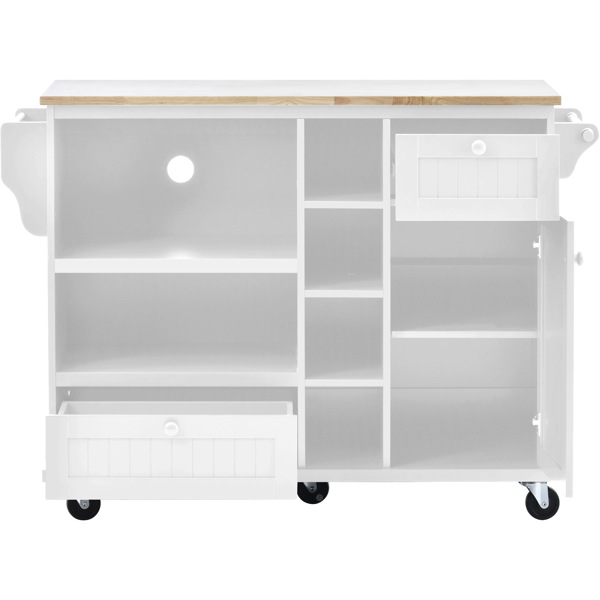 厨房岛推车，带储物柜和两个锁轮，实木桌面，微波柜，厨房、餐厅、浴室的落地式自助服务台侧板（白色）-14