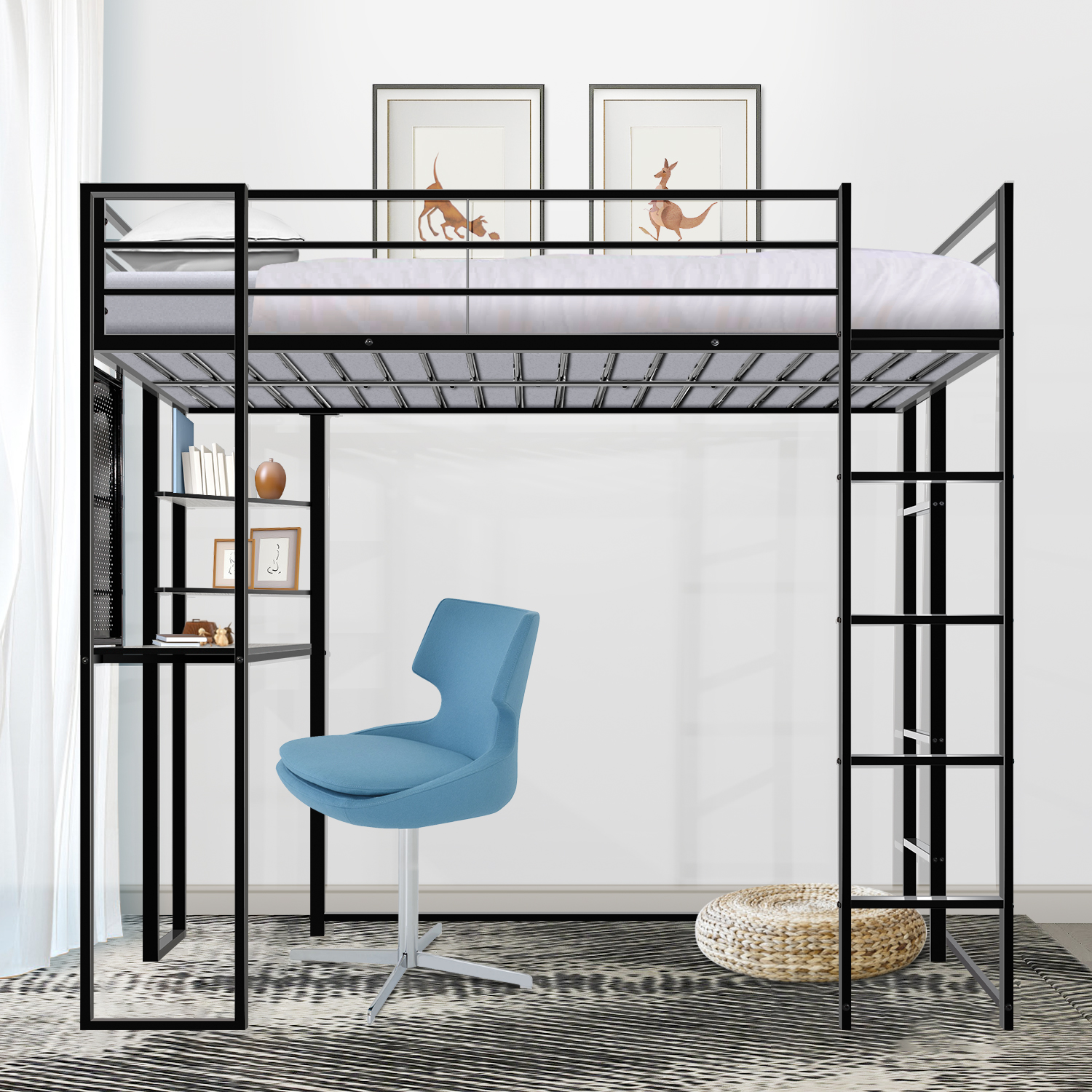 Twin Size Loft Bed with Desk and Shelves, Metal Loft Bed with 2 Built-in Ladders, Full-length Guardrail, Hold up to 200lbs,Noise Free,79.53"L x 42.13"W x 72.01"H