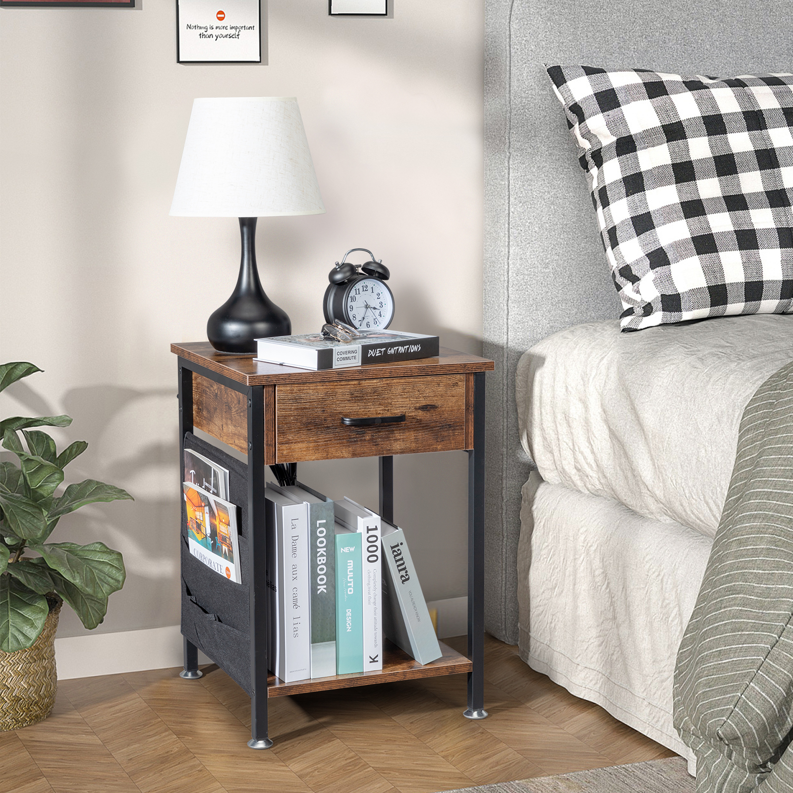 FCH Antique Wood Grain Color Particleboard Pasted With Triamine Black Iron Pipe, With Removable Felt Storage Bag On The Side, And 1.5M Long Power Cord USB Socket Bedside Cabinet