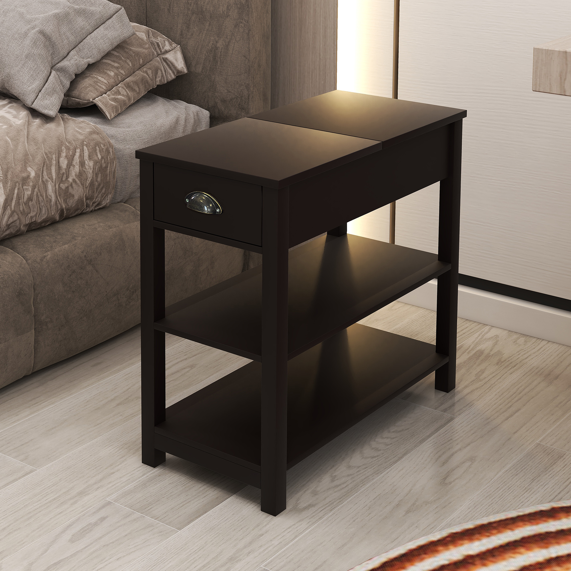 Narrow Sided Table with Drawers and Bottom Partition in Flip Over Design - Brown