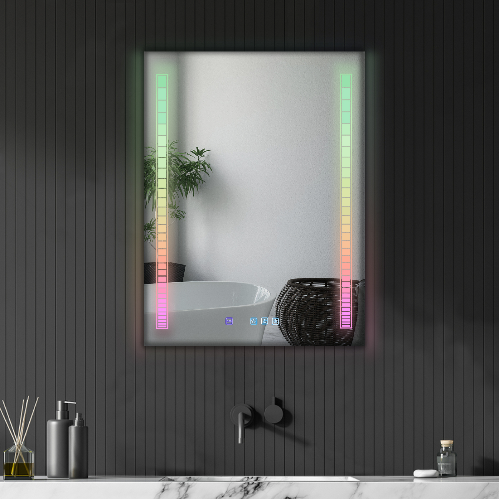 FCH 32*24in Symphony Elements Aluminum Alloy Rectangular Built-In Light Strip With Anti-Fog Touch Adjustable Brightness Power-Off Memory Three-Tone Lighting Bathroom Mirror Silver