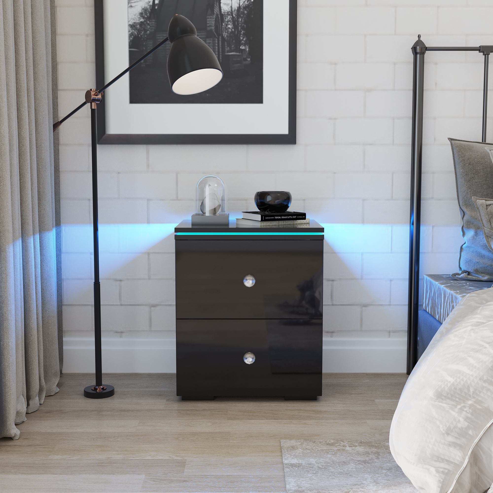 Modern High gloss UV Night Stand with 2 drawers & LED lights