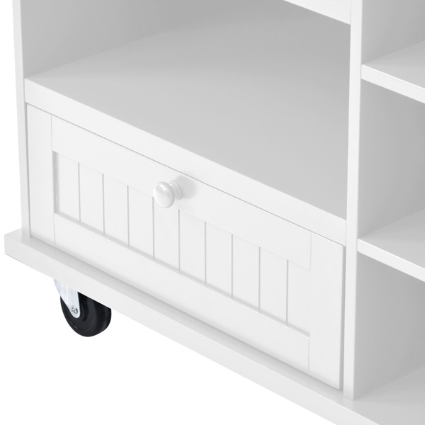 厨房岛推车，带储物柜和两个锁轮，实木桌面，微波柜，厨房、餐厅、浴室的落地式自助服务台侧板（白色）-36