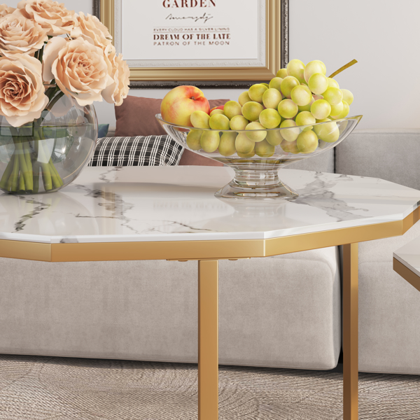 大理石咖啡桌端桌12边形，25.6“白色人造大理石台面和黑色金属腿可用于客厅、室外、防倾斜。（白色+金色，25.6”宽x 25.6“深x 18.4”高）-4