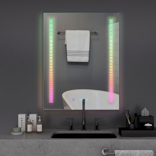  银色 铝合金 长方形 36*28in 内置灯带 浴室镜 带防雾 触摸 可调亮度 断电记忆 三色调光 幻彩元素 N001-10