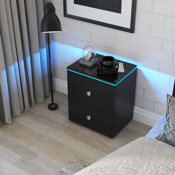现代高光泽UV床头柜，带有2个抽屉和LED灯-2