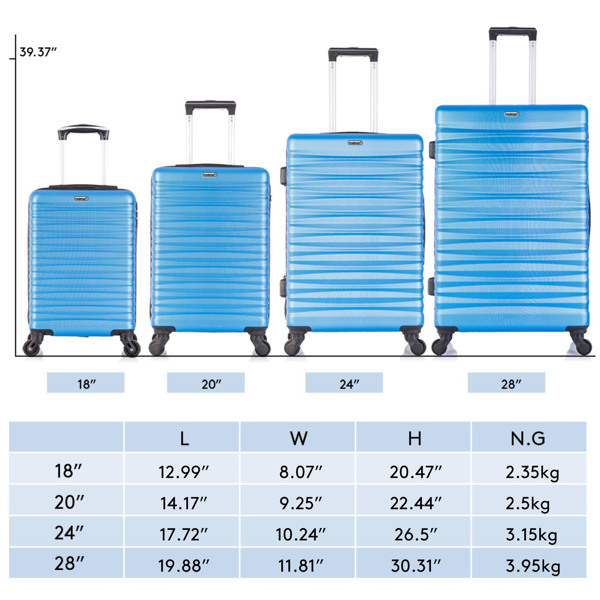  四件套拉杆箱  ABS轻便硬壳行李箱 TSA海关锁 蓝色-12